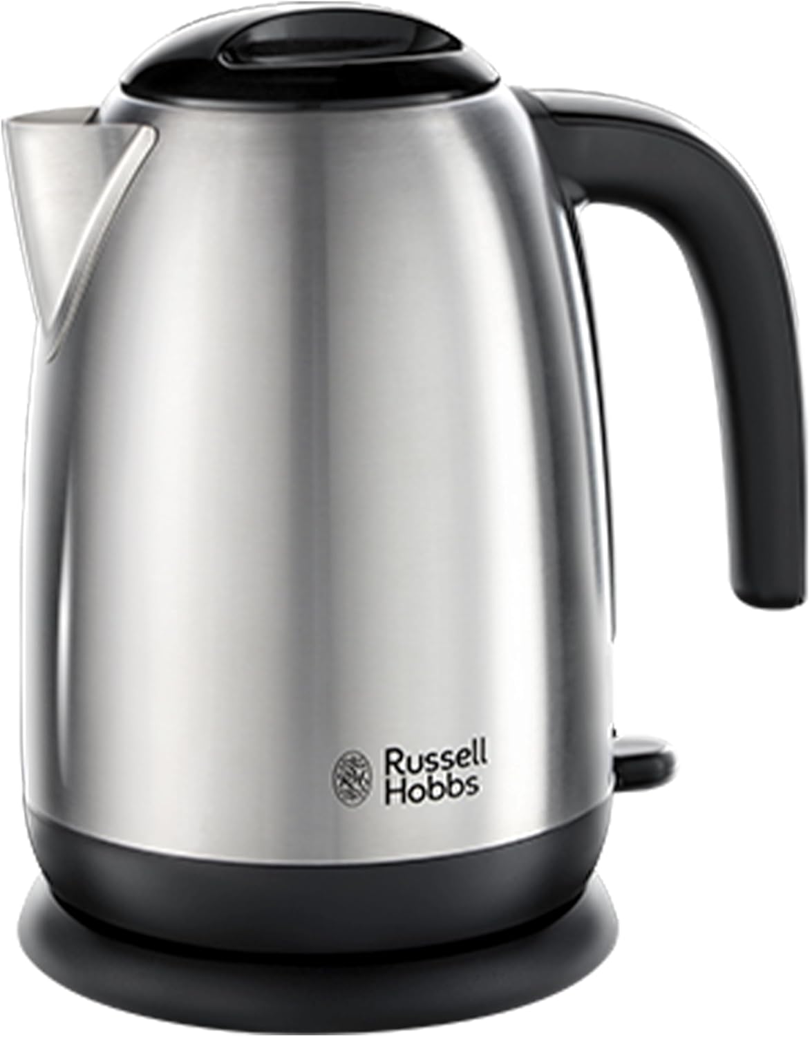 Çajnik Elektrik Russell Hobbs me Çelik të Lëmuar dhe Ngjyrë të Zezë, 1.7L, Pa Tel, Me Dorezë të Zezë | Zierje e Shpejtë 3KW | Filtër Kundër Kalçifikimit i Lëvizshëm dhe i Lahet | Kapak i Hiqshëm | Hapur për Derdhje të Përkryer | Modeli 23910