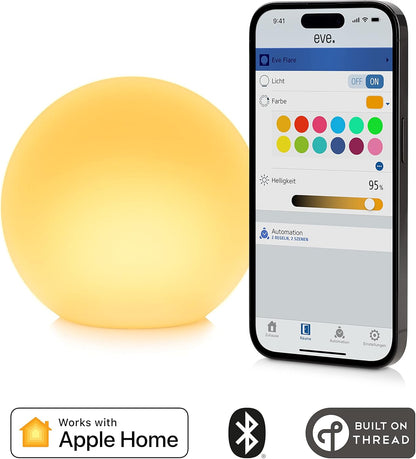 Apple Eve Flare – Dritë inteligjente portative LED në formë sfere, rezistente ndaj ujit, dritë e bardhë dhe me ngjyra, 90 lumen, diametër 25 cm, me ndriçim të rregullueshëm, lidhje me Bluetooth dhe Thread, kontroll përmes aplikacionit.