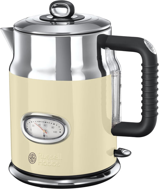 Çajnik Russell Hobbs [1.7L, 2400W] në Stil Retro, Ngjyrë Krem dhe Çelik i Lëmuar | Funksion Ngrohje e Shpejtë | Dizajn Vintage me Ekran Temperaturë Uji | Tregues i Jashtëm i Nivelit të Ujit | Modeli 21672-70
