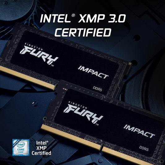 Memorie RAM Kingston FURY Impact 32GB (2x16GB) DDR5 6400MT/s CL38 SODIMM – Performancë Super për Laptopë të Avancuar dhe Gaming | Intel XMP 3.0 | Plug & Play | Kit me 2 Module