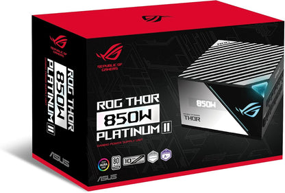 ASUS ROG Thor 850W Platinum II – Furnizues Energjie Modular i Plotë, Certifikatë 80+ Platinum, Certifikuar Lambda A++, Ftohës ROG, Ventilator 135mm PWM, Modalitet 0dB, Panel OLED, Kablla me Mbulim, Aura Sync.