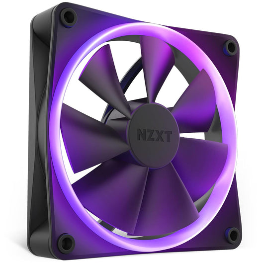 NZXT F120 RGB – Ventilator 120mm RGB PWM për PC – Qarkullim i Lartë Ajri, Zhurmë e Ulët – Mbajtje me Lëng Dinamik – Njëshe (Kërkon Kontrollues RGB të NZXT për Softuerin CAM) – 18 LED – Ngjyrë e Zezë.