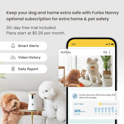 Furbo 360° Kamera për Qen: Kamera Inteligjente për Sigurinë e Qenit me Alarme për Levdatë, Pamje Rrotulluese, Hedhje Trajtesh me Aplikacion në Telefon, Monitorim të Mençur të Kafshëve, Mikrofon dhe Llaut të Dyanshëm, Pa Nevojë për Abonim