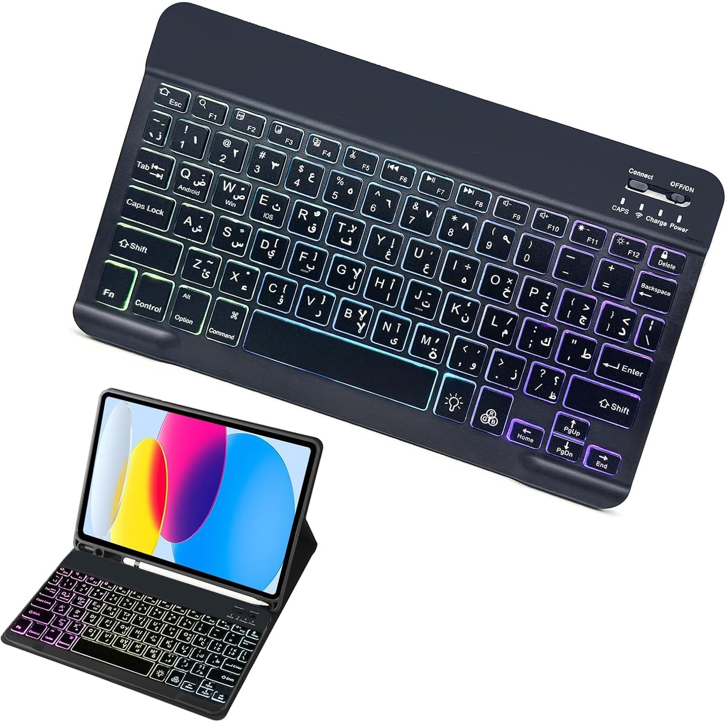 Tastierë Bluetooth me Ndriçim RGB për Tablet, Laptop, iPad, Smartphone,(E Zezë) + 1 kellef tableti falas.