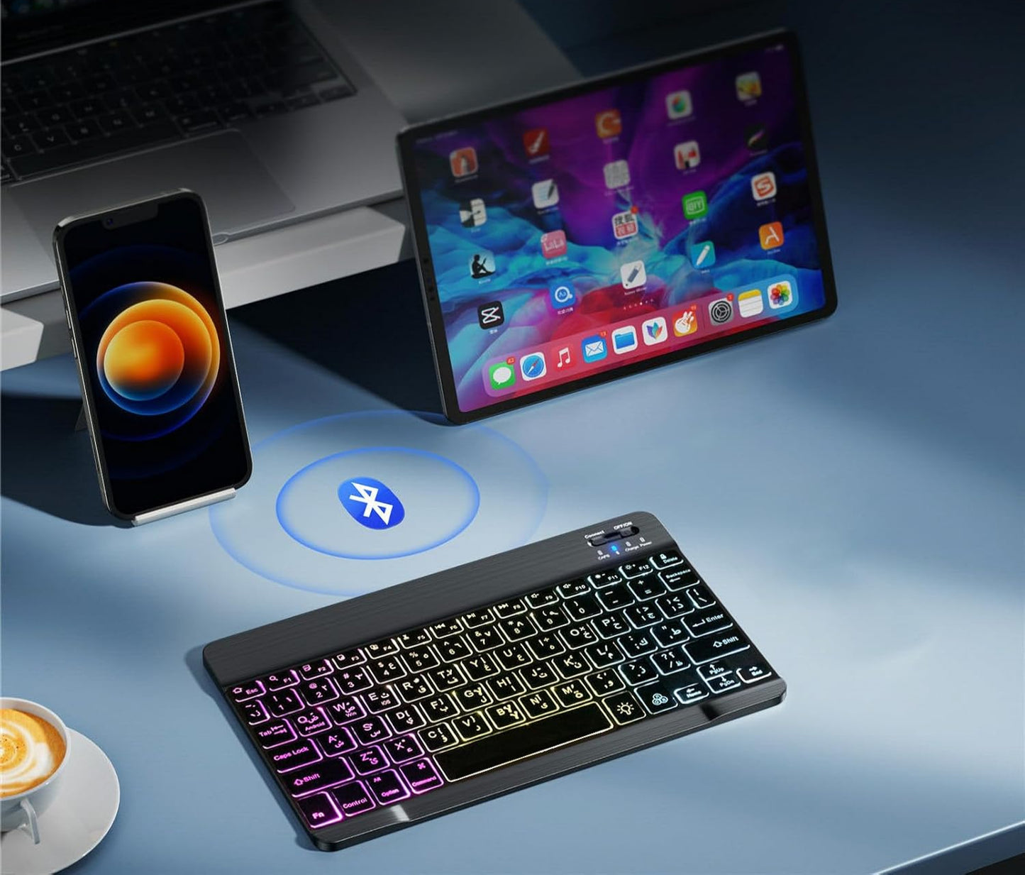 Tastierë Bluetooth me Ndriçim RGB për Tablet, Laptop, iPad, Smartphone,(E Zezë) + 1 kellef tableti falas.