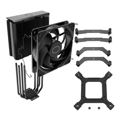 Cooler Master Hyper 212 Black – Ftohës ajri për procesor – Ventilator SickleFlow 120 Edge me kontroll PWM – Mbulesë alumini në pjesën e sipërme – 4 tuba nxehtësie prej bakri – Lartësi 152 mm – Përshtatje për AMD Ryzen AM5/AM4 dhe Intel LGA 1851/1700/1200