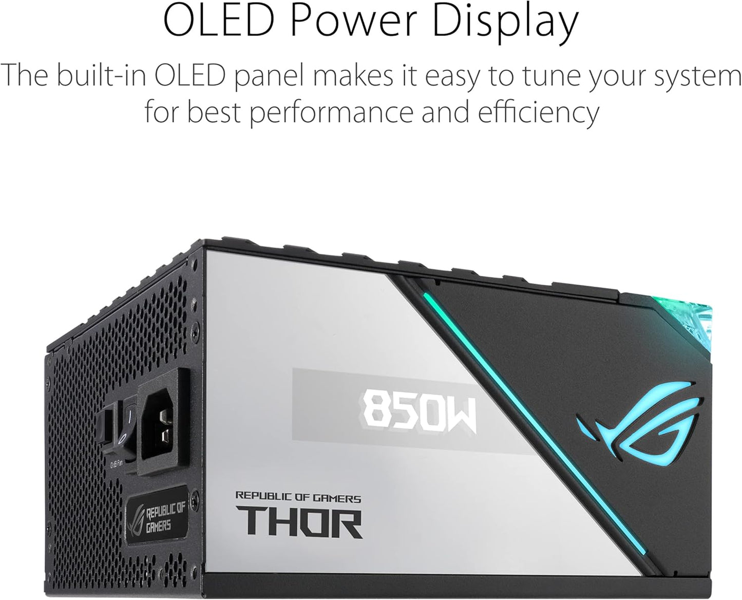 ASUS ROG Thor 850W Platinum II – Furnizues Energjie Modular i Plotë, Certifikatë 80+ Platinum, Certifikuar Lambda A++, Ftohës ROG, Ventilator 135mm PWM, Modalitet 0dB, Panel OLED, Kablla me Mbulim, Aura Sync.