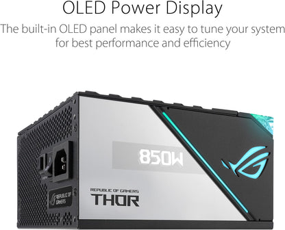 ASUS ROG Thor 850W Platinum II – Furnizues Energjie Modular i Plotë, Certifikatë 80+ Platinum, Certifikuar Lambda A++, Ftohës ROG, Ventilator 135mm PWM, Modalitet 0dB, Panel OLED, Kablla me Mbulim, Aura Sync.