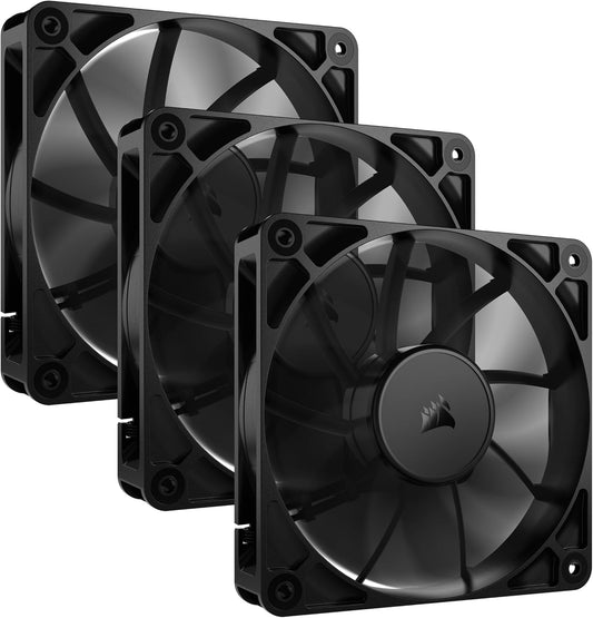 CORSAIR RS120 – Ventilator 120 mm me kontroll PWM – Lidhje me sistem "daisy chain" – Zhurmë e ulët – Mbajtje magnetike "dome bearing" – Paketë me 3 copë – Ngjyrë e zezë