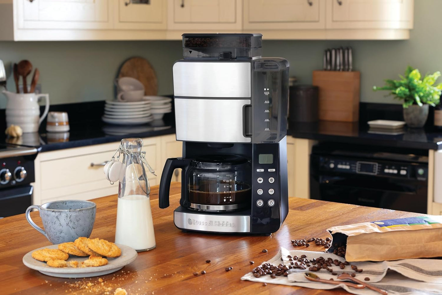 Russell Hobbs Grind & Brew – Makineri Kafeje me Programim, Teknologji WhirlTech për Nxjerrje dhe Shije optimale, me Mulli të Integruar, Kapacitet 10 Filxhanë, Gjel Gjatë 1.25L, Modeli 25610-56
