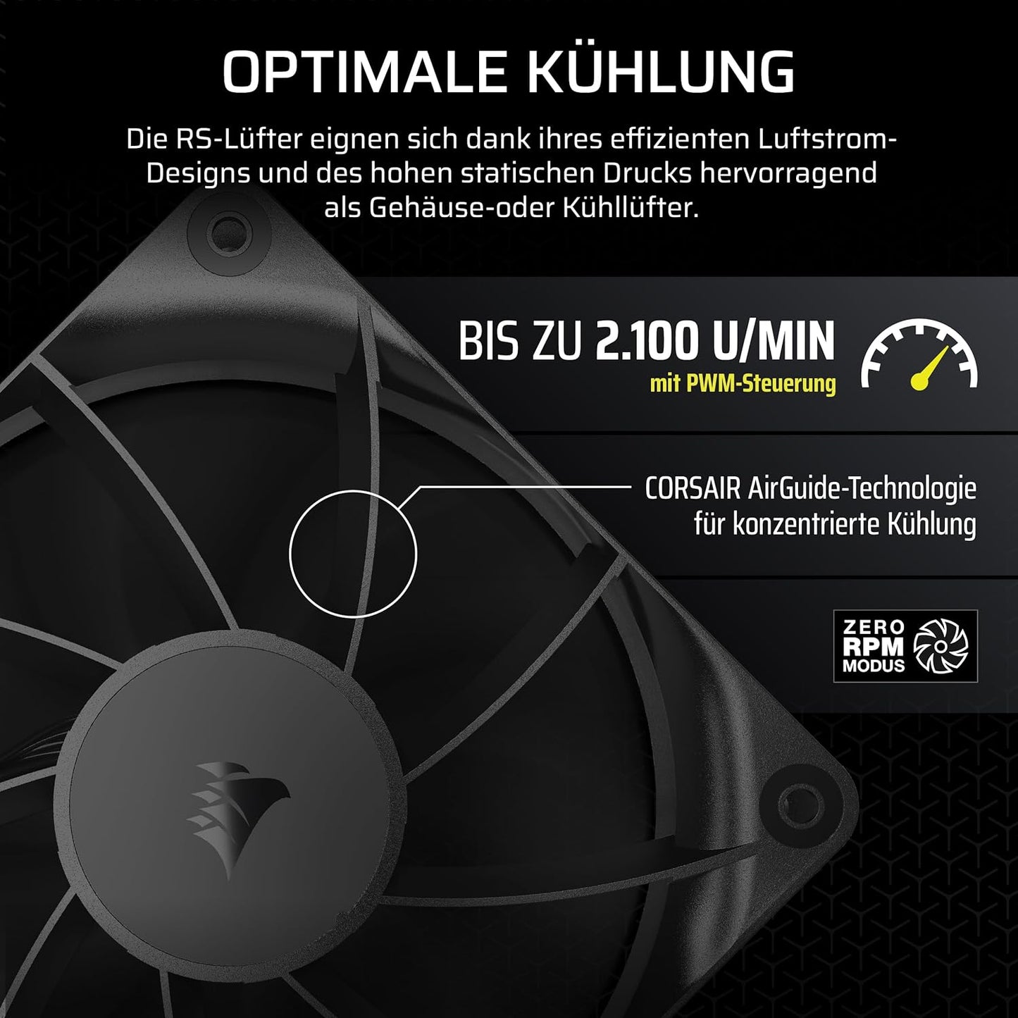CORSAIR RS120 – Ventilator 120 mm me kontroll PWM – Lidhje me sistem "daisy chain" – Zhurmë e ulët – Mbajtje magnetike "dome bearing" – Paketë me 3 copë – Ngjyrë e zezë