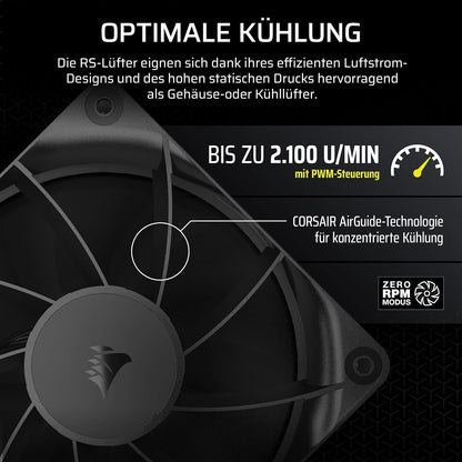 CORSAIR RS120 – Ventilator 120 mm me kontroll PWM – Lidhje me sistem "daisy chain" – Zhurmë e ulët – Mbajtje magnetike "dome bearing" – Paketë me 3 copë – Ngjyrë e zezë