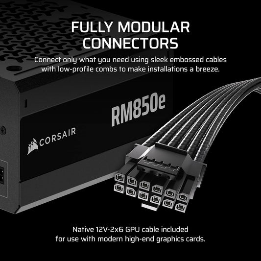 Furnizues Rryme CORSAIR RM850e (2025) – Modular i Plotë, Me Zhurmë të Ulët, ATX 3.1 & PCIe 5.1, Kabllo 12V-2x6, Efikasitet Cybenetics Gold, Kondensatorë të Vlerësuar në 105°C – Ngjyrë e Zezë