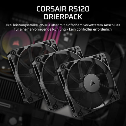 CORSAIR RS120 – Ventilator 120 mm me kontroll PWM – Lidhje me sistem "daisy chain" – Zhurmë e ulët – Mbajtje magnetike "dome bearing" – Paketë me 3 copë – Ngjyrë e zezë