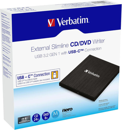 Shkrues i Jashtëm Verbatim Slimline për CD/DVD – USB 3.2 Gen1 me Portë USB-C, Kabllo USB-C në USB-A, Dizajn i Hollë dhe i Kompakt