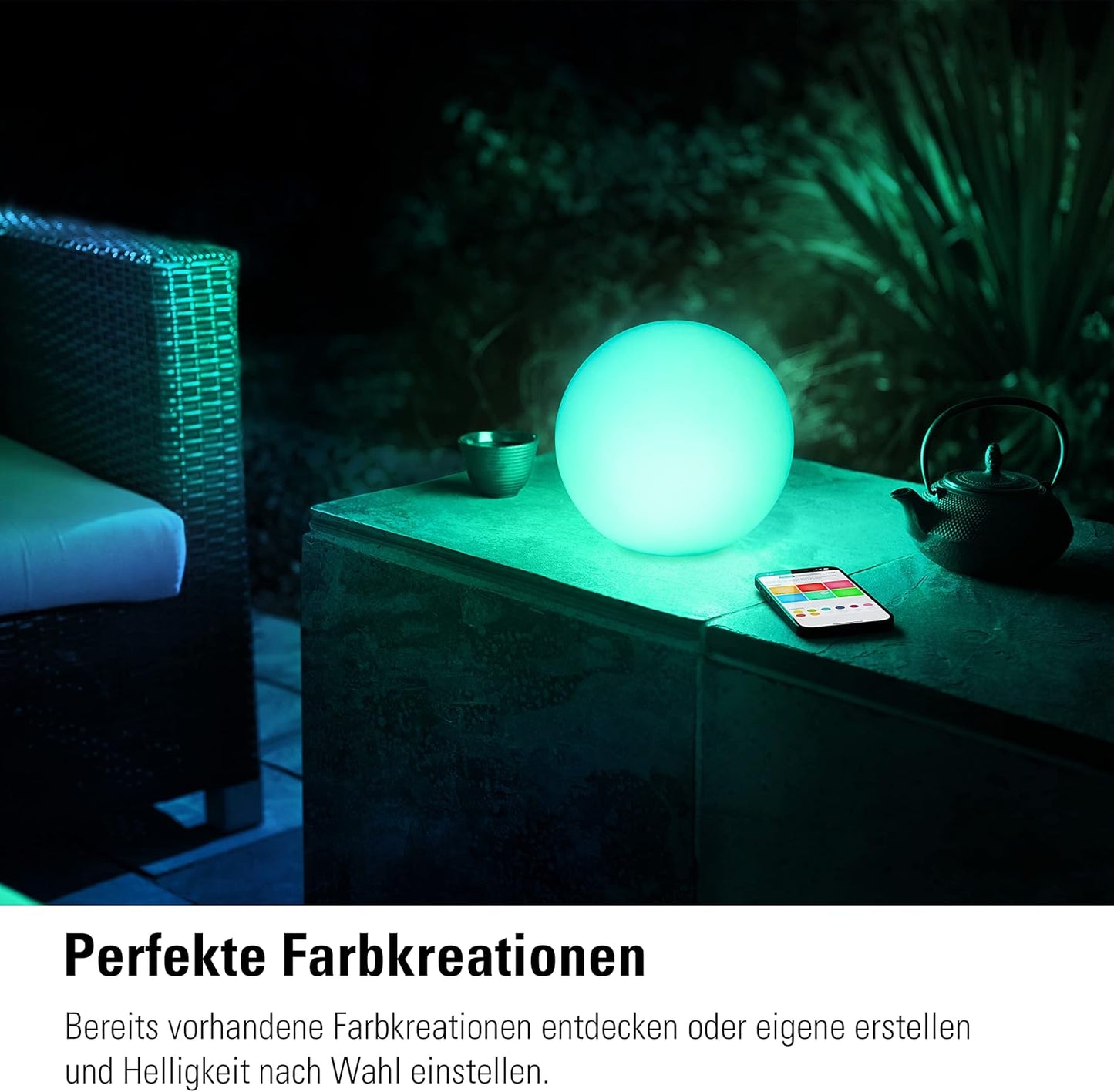 Apple Eve Flare – Dritë inteligjente portative LED në formë sfere, rezistente ndaj ujit, dritë e bardhë dhe me ngjyra, 90 lumen, diametër 25 cm, me ndriçim të rregullueshëm, lidhje me Bluetooth dhe Thread, kontroll përmes aplikacionit.