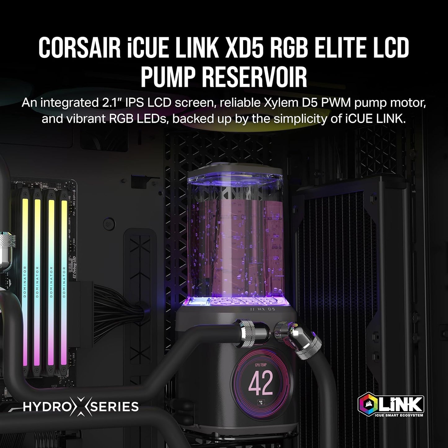 Corsair iCUE LINK XD5 RGB ELITE LCD – Rezervuar dhe pompë D5 PWM me ekran LCD IPS – 22 drita RGB adresabile – Rezervuar najloni 440 ml – Ngjyrë gri – Montim diskret
