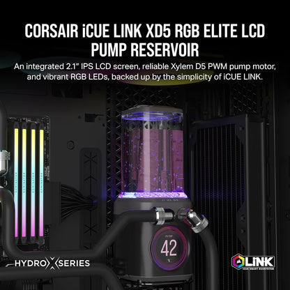 Corsair iCUE LINK XD5 RGB ELITE LCD – Rezervuar dhe pompë D5 PWM me ekran LCD IPS – 22 drita RGB adresabile – Rezervuar najloni 440 ml – Ngjyrë gri – Montim diskret