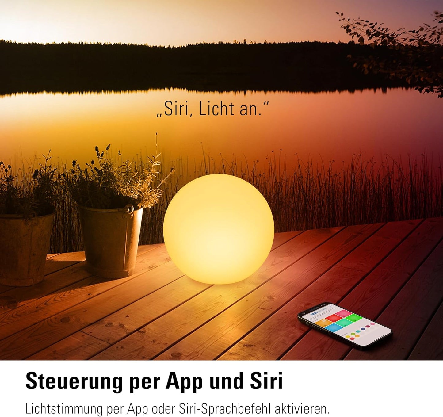 Apple Eve Flare – Dritë inteligjente portative LED në formë sfere, rezistente ndaj ujit, dritë e bardhë dhe me ngjyra, 90 lumen, diametër 25 cm, me ndriçim të rregullueshëm, lidhje me Bluetooth dhe Thread, kontroll përmes aplikacionit.