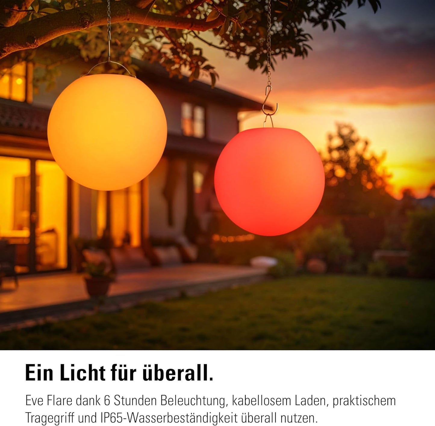 Apple Eve Flare – Dritë inteligjente portative LED në formë sfere, rezistente ndaj ujit, dritë e bardhë dhe me ngjyra, 90 lumen, diametër 25 cm, me ndriçim të rregullueshëm, lidhje me Bluetooth dhe Thread, kontroll përmes aplikacionit.