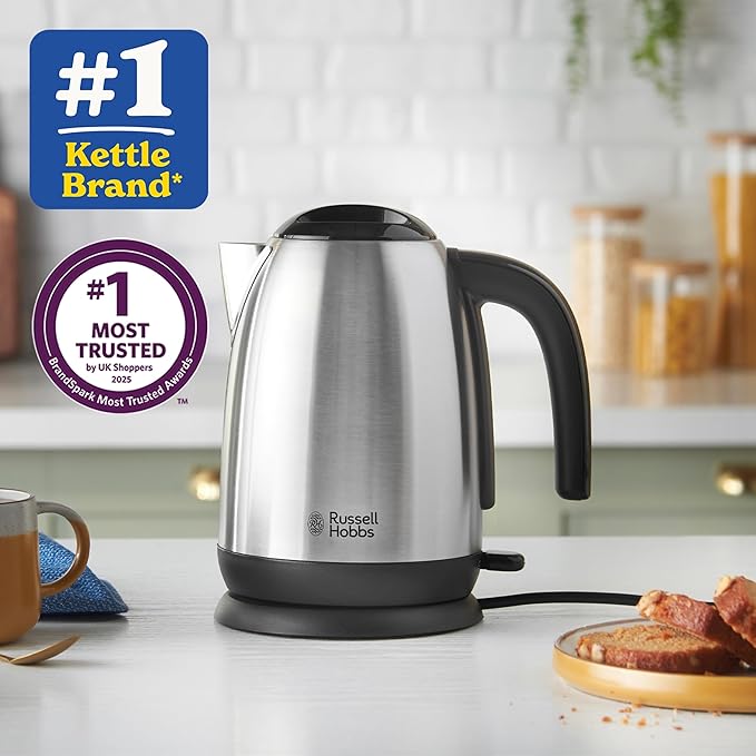 Çajnik Elektrik Russell Hobbs me Çelik të Lëmuar dhe Ngjyrë të Zezë, 1.7L, Pa Tel, Me Dorezë të Zezë | Zierje e Shpejtë 3KW | Filtër Kundër Kalçifikimit i Lëvizshëm dhe i Lahet | Kapak i Hiqshëm | Hapur për Derdhje të Përkryer | Modeli 23910