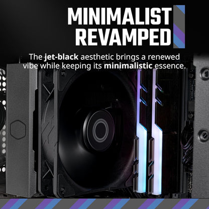 Cooler Master Hyper 212 Black – Ftohës ajri për procesor – Ventilator SickleFlow 120 Edge me kontroll PWM – Mbulesë alumini në pjesën e sipërme – 4 tuba nxehtësie prej bakri – Lartësi 152 mm – Përshtatje për AMD Ryzen AM5/AM4 dhe Intel LGA 1851/1700/1200