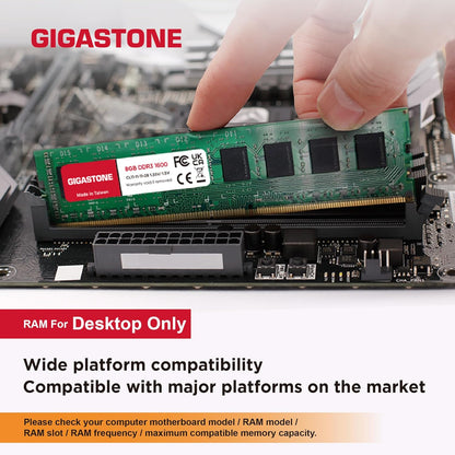 【DDR3 RAM】 Gigastone RAM 8GB DDR3 1600MHz PC3-12800 CL11 1.5V UDIMM 240 pin Jo-ECC për kompjuterë desktop