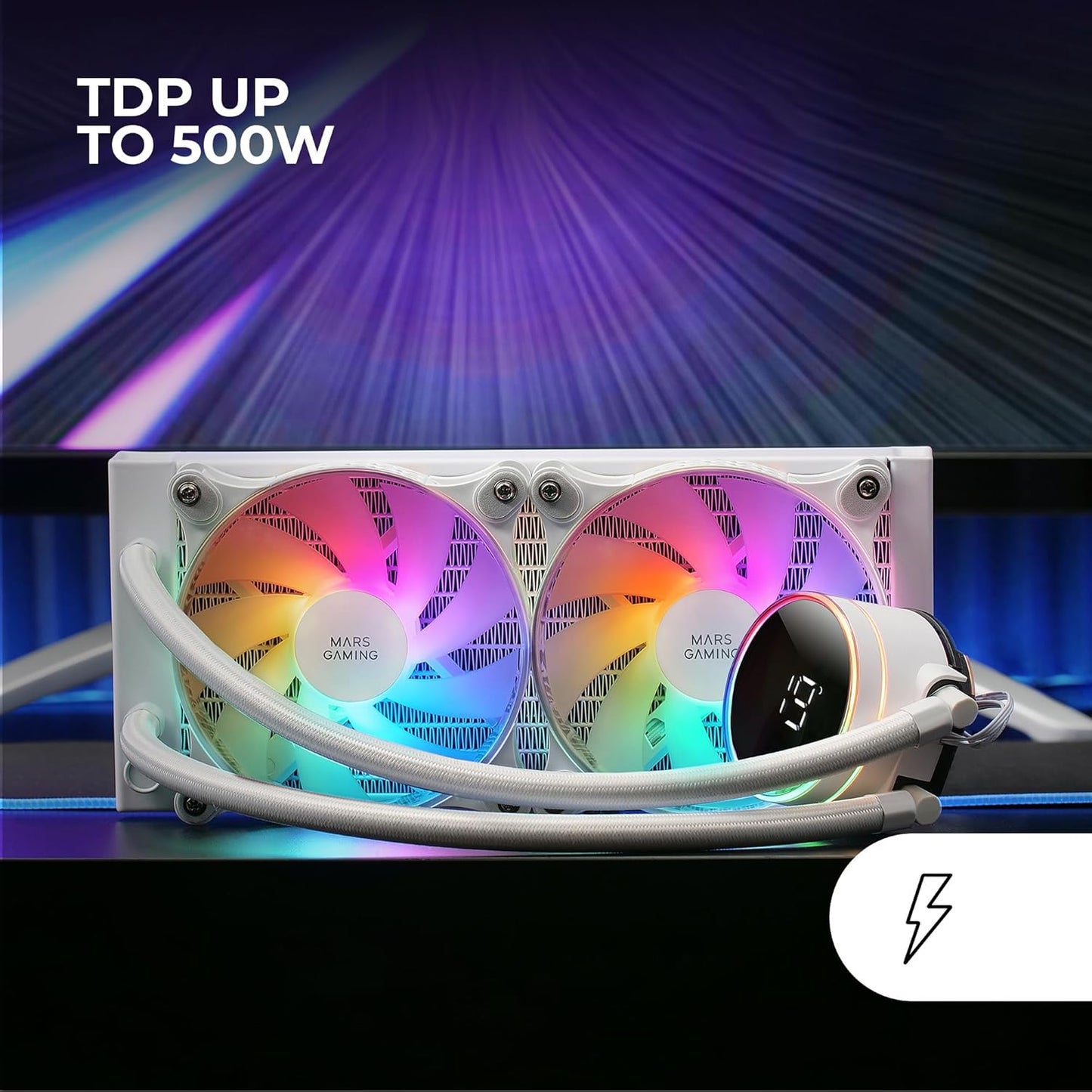 Mars Gaming ML-LCD240 – Ftohës AIO me lëng, TDP 500W, 2 ftohës FDB ARGB 120mm, Ekran LCD me monitorim temperature, Pompë Opti-Chamber gjenerata e 3-të, Multisocket universal, E bardhë
