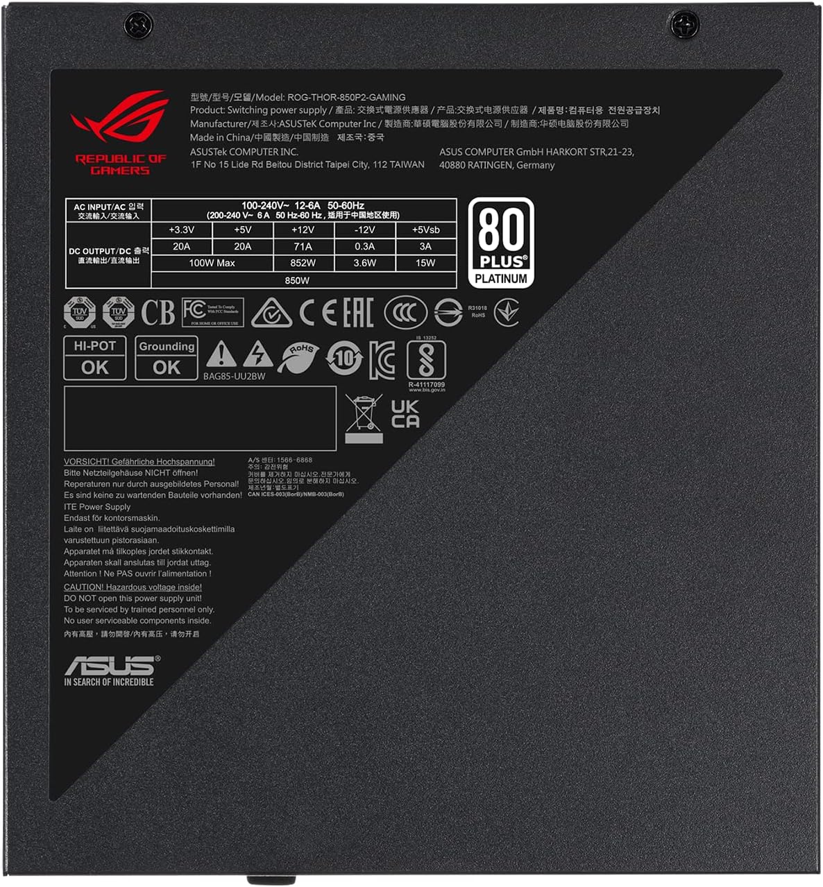 ASUS ROG Thor 850W Platinum II – Furnizues Energjie Modular i Plotë, Certifikatë 80+ Platinum, Certifikuar Lambda A++, Ftohës ROG, Ventilator 135mm PWM, Modalitet 0dB, Panel OLED, Kablla me Mbulim, Aura Sync.