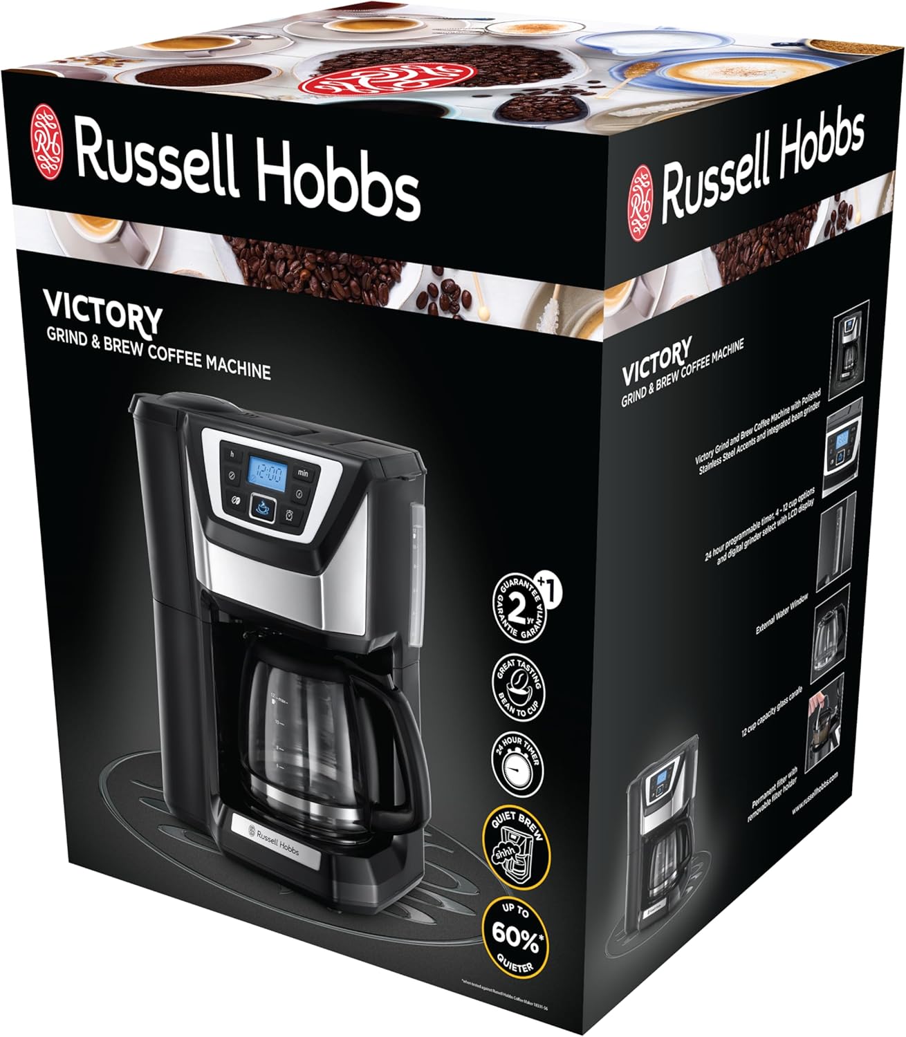 Russell Hobbs Victory Makinë kafeje me bluarës – [kohëmatës digjital, kokë me spërkatje për ekstraktim dhe aromë optimale] – Victory (deri në 12 filxhanë, kanaçe xhami 1.5 L, rregullim bluarjeje) – Makinë kafeje me filtër, model 22000-56/RH