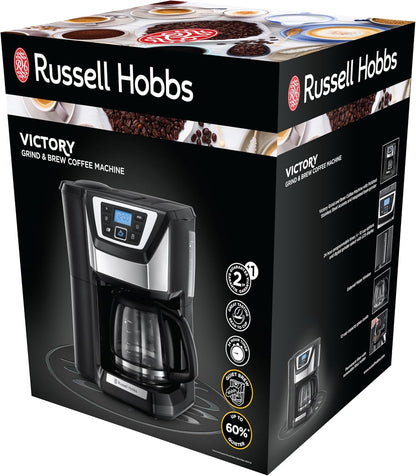 Russell Hobbs Victory Makinë kafeje me bluarës – [kohëmatës digjital, kokë me spërkatje për ekstraktim dhe aromë optimale] – Victory (deri në 12 filxhanë, kanaçe xhami 1.5 L, rregullim bluarjeje) – Makinë kafeje me filtër, model 22000-56/RH