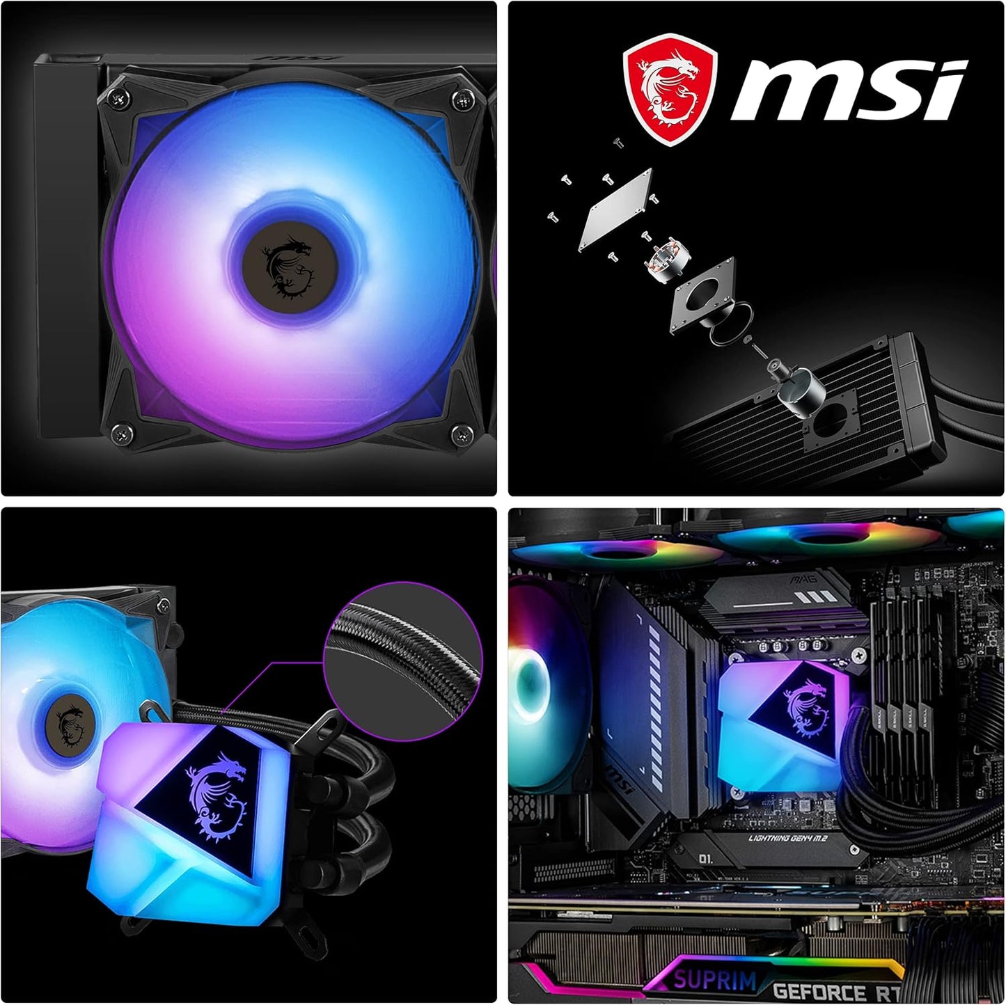 MSI MAG CORELIQUID C240 – Ftohës me ujë "All-in-One" për CPU Bllok pompë me ndriçim ARGB mbresëlënës – Pompë e integruar në radiator – Teknologji ftohjeje me qarkullim të ndarë (Split-Flow) – Tuba rezistentë ndaj avullimit – I përputhshëm me AMD & Intel