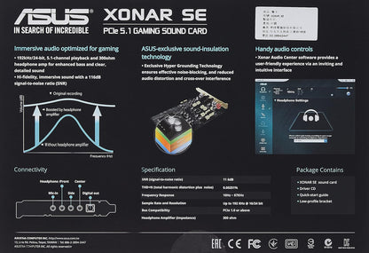 ASUS XONAR SE – Kartë Zëri për Lojëra / Kompjuter Gaming me 5.1 Kanale, 192kHz/24-bit Hi-Res, SNR 116dB, PCIe – E Përshtatshme me Windows 11,Windows 10.