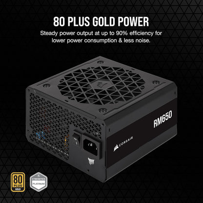 CORSAIR RM650 – Furnizues energjie 650 Watt – 80 PLUS Gold – Modular i plotë – Me zhurmë të ulët – ATX 3.1 – PCIe 5.1 – Ngjyrë e zezë