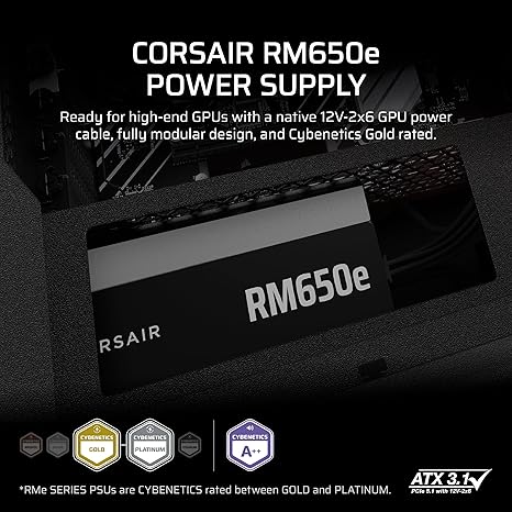 Furnizues Rryme CORSAIR RM650e (2025) – Modular i Plotë, Zhurmë e Ulët, ATX 3.1 & PCIe 5.1, Kabllo 12V-2x6, Efikasitet Cybenetics Gold, Kondensatorë të Vlerësuar në 105°C, Modalitet Standby Modern – Ngjyrë e Zezë