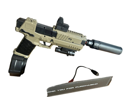 Lodër armë dore Gecko gjuajtje automatike dhe semiautomatike me shenjues pikë dhe laser, karikator rrumbullak për më shume plumba,bateri dhe kabllo mbushese.