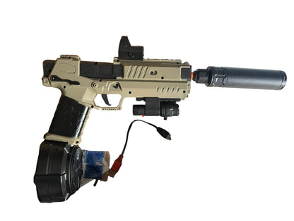 Lodër armë dore Gecko gjuajtje automatike dhe semiautomatike me shenjues pikë dhe laser, karikator rrumbullak për më shume plumba,bateri dhe kabllo mbushese.