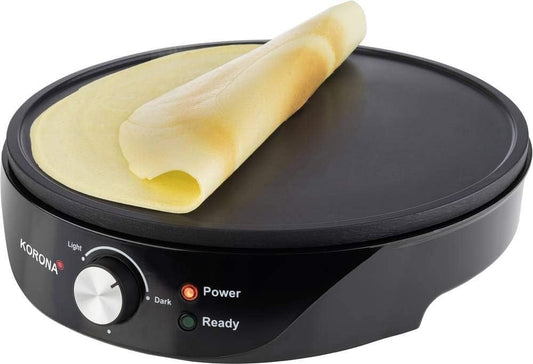 Korona Makineri për crepes 1200 Watt, diametri 30 cm, e lehtë për pastrim falë mbulesës anti-ngjitëse, përfshin shpërndarës brumi, e zezë.