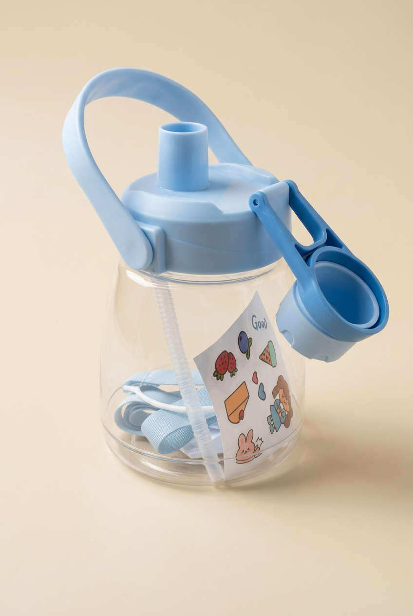 Shishe uji 1300 ml me pipëz, dorezë,shirit për kapje ne çante dhe stikera – Ngjyra e kaltër