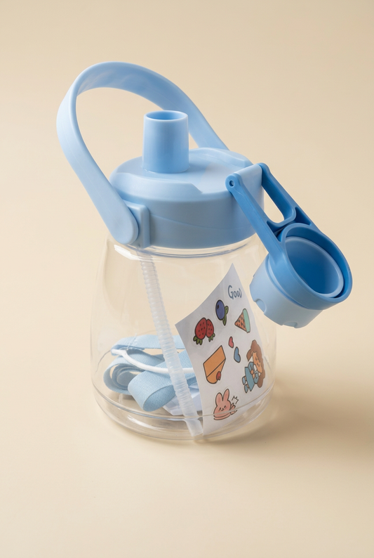 Shishe uji 1300 ml me pipëz, dorezë,shirit për kapje ne çante dhe stikera – Ngjyra e kaltër