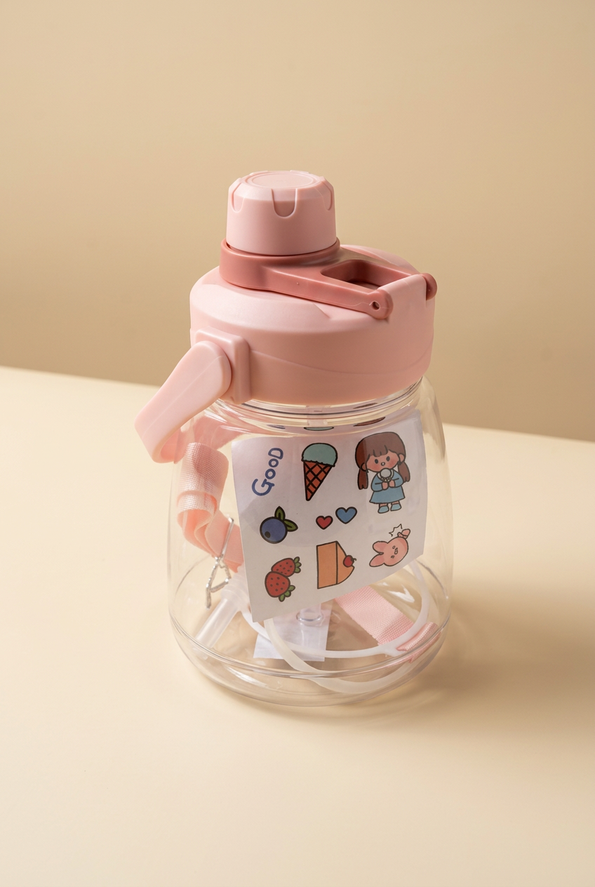 Shishe uji 1300 ml me pipëz, dorezë,shirit për kapje ne çante dhe stikera – Ngjyra e pembe