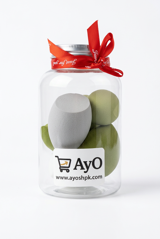 Set 8 sfungjerë për grim në kavanoz transparent me kapak metalik dhe shirit dekorativ të kuq “Just for You” 4 copë të mëdha dhe 4 copë të vogla.