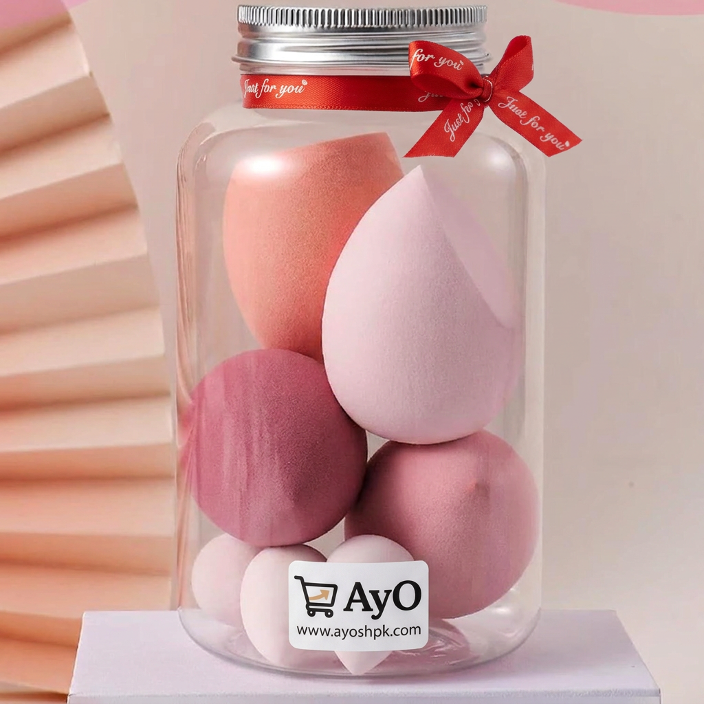 Set 8 sfungjerë për grim në kavanoz transparent me kapak metalik dhe shirit dekorativ të kuq “Just for You” 4 copë të mëdha dhe 4 copë të vogla.