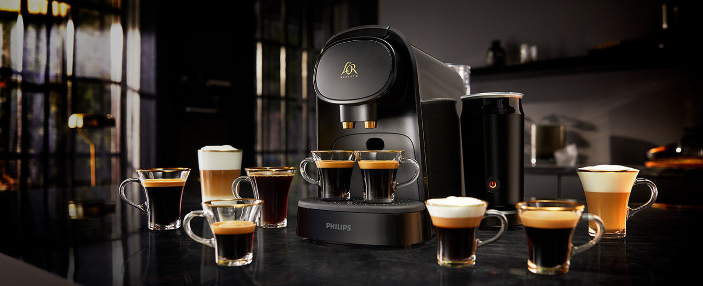 Makina Premium e Kafesë Philips L'OR BARISTA me Shkumues Qumështi – Shije Baristi në Shtëpi, për Kapsula të Vetme ose të Dyfishta, Elegancë në të Zezë (LM8014/60)